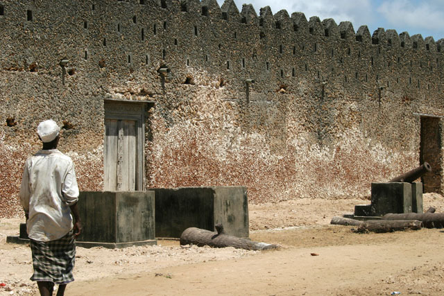 View of fort entrance with cannons mounted in foreground