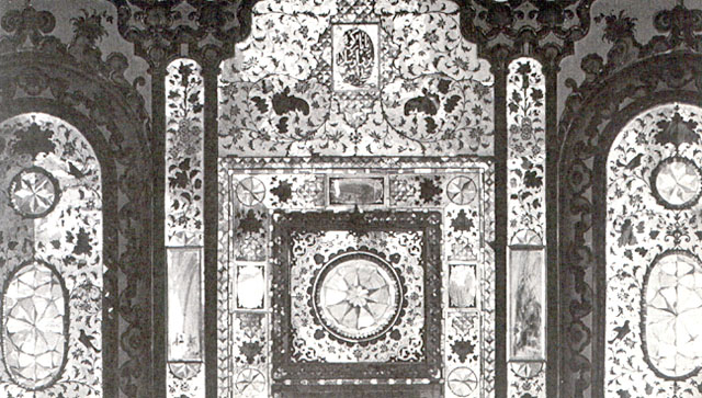 Interior detail of audience hall; glass mosaic decoration of <i>shah nishin</i> fireplace