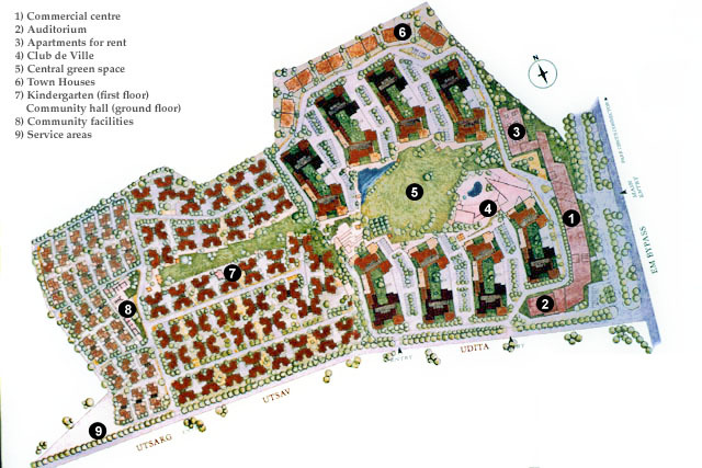 Site plan of complex showing the Utsang, Utsav and Udita apartment blocks and public amenities