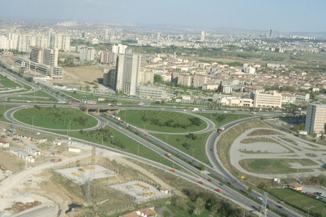 Aerial view showing highways and high-rise apartments