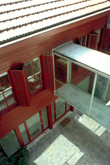 View from roof showing ground floor entrances and glazed bridge