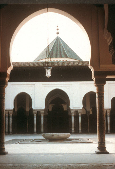 View looking southeast across court towards the mosque entrance; the courtyard fountain is seen in the mid-ground