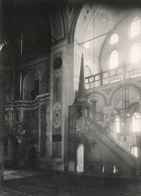 Gül Mosque - Interior view looking south, showing the minbar next to the right-side gallery and the sanctuary to the left