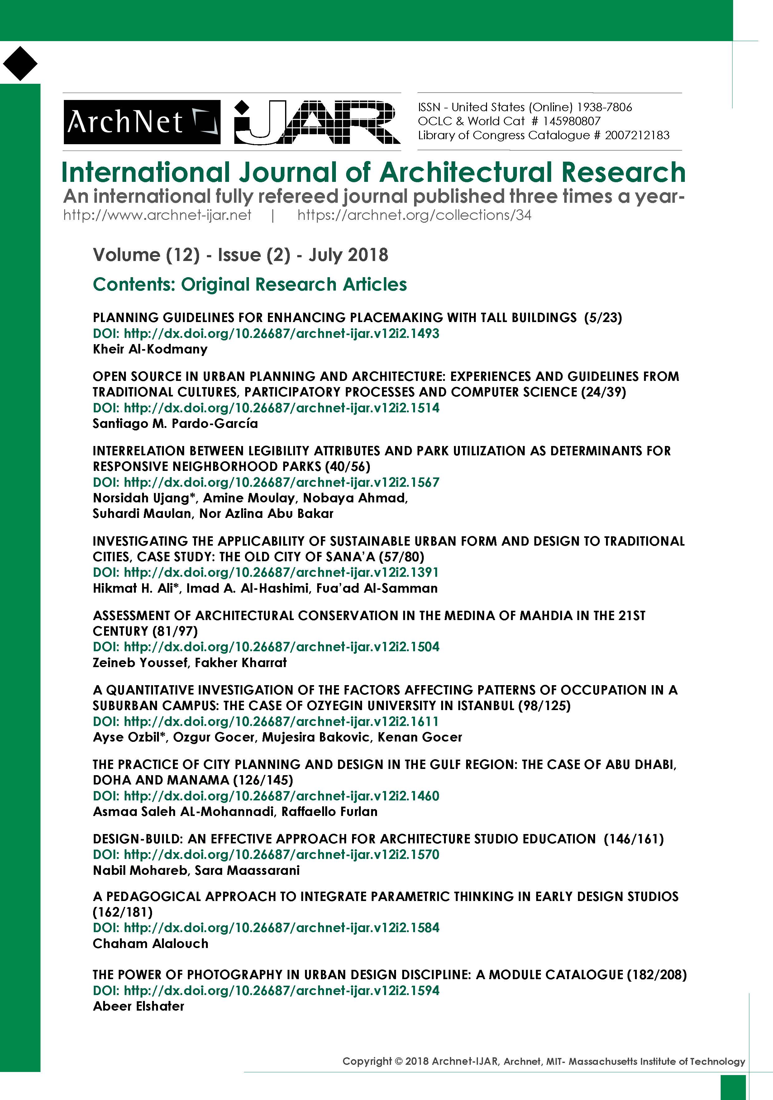 Farzad Pour Rahimian - <div style="text-align: justify;"><span style="color: rgb(1, 1, 1);">Archnet-IJAR International Journal of Architectural Research is an interdisciplinary, fully-refereed scholarly online journal of architecture, planning, and built environment studies. Two international boards (advisory and editorial) ensure the quality of scholarly papers and allow for a comprehensive academic review of contributions spanning a wide spectrum of issues, methods, theoretical approaches and architectural and development practices.</span><span class="apple-converted-space" style="color: rgb(1, 1, 1);">&nbsp;</span><br></div><div style="text-align: justify;"><span style="color: rgb(1, 1, 1);"><br></span></div><span style="background-image: initial; background-position: initial; background-size: initial; background-repeat: initial; background-attachment: initial; background-origin: initial; background-clip: initial;"><div style="color: rgb(1, 1, 1); text-align: justify;">ArchNet-IJAR provides a comprehensive academic review of a wide spectrum of issues, methods, and theoretical approaches. It aims to bridge theory and practice in the fields of architectural/design research and urban planning/built environment studies, reporting on the latest research findings and innovative approaches for creating responsive environments.</div><div style="text-align: justify;"><div style="color: rgb(1, 1, 1);"><br></div></div></span>