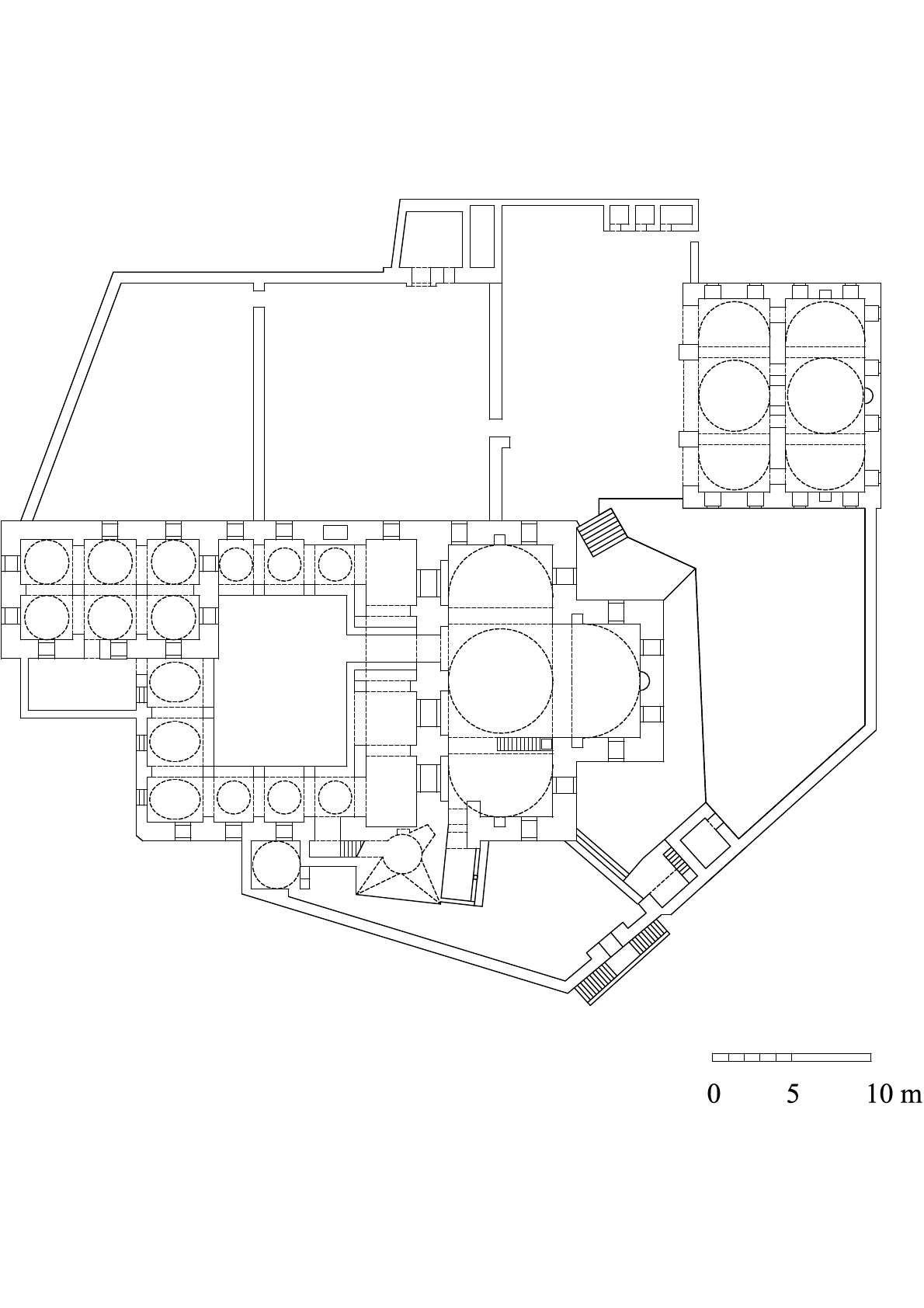 Masjid Suleyman Pasha - Floor plan of the complex in the Cairo Citadel, with the funerary shrine of Sidi Sariya at the northeast corner of the mosque forecourt and an elementary school in the lower platform. DWG file in AutoCAD 2000 format. Click the download button to download a zipped file containing the .dwg file.