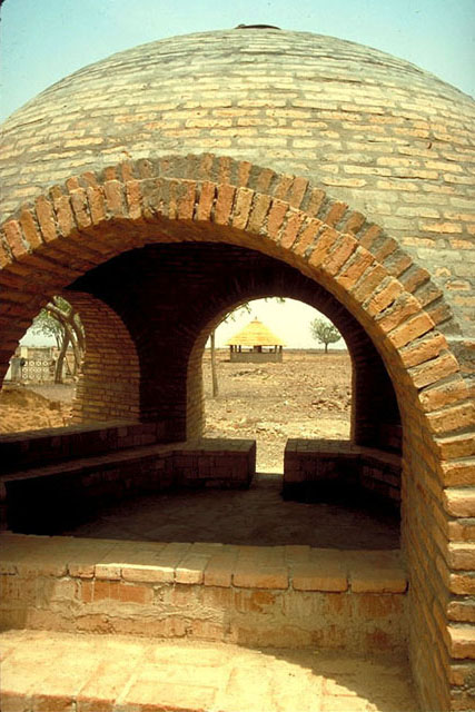 Exterior view of domed shelter showing brickwork