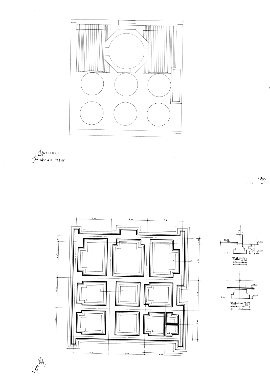 Mosque: working drawing:  foundation and roof plans