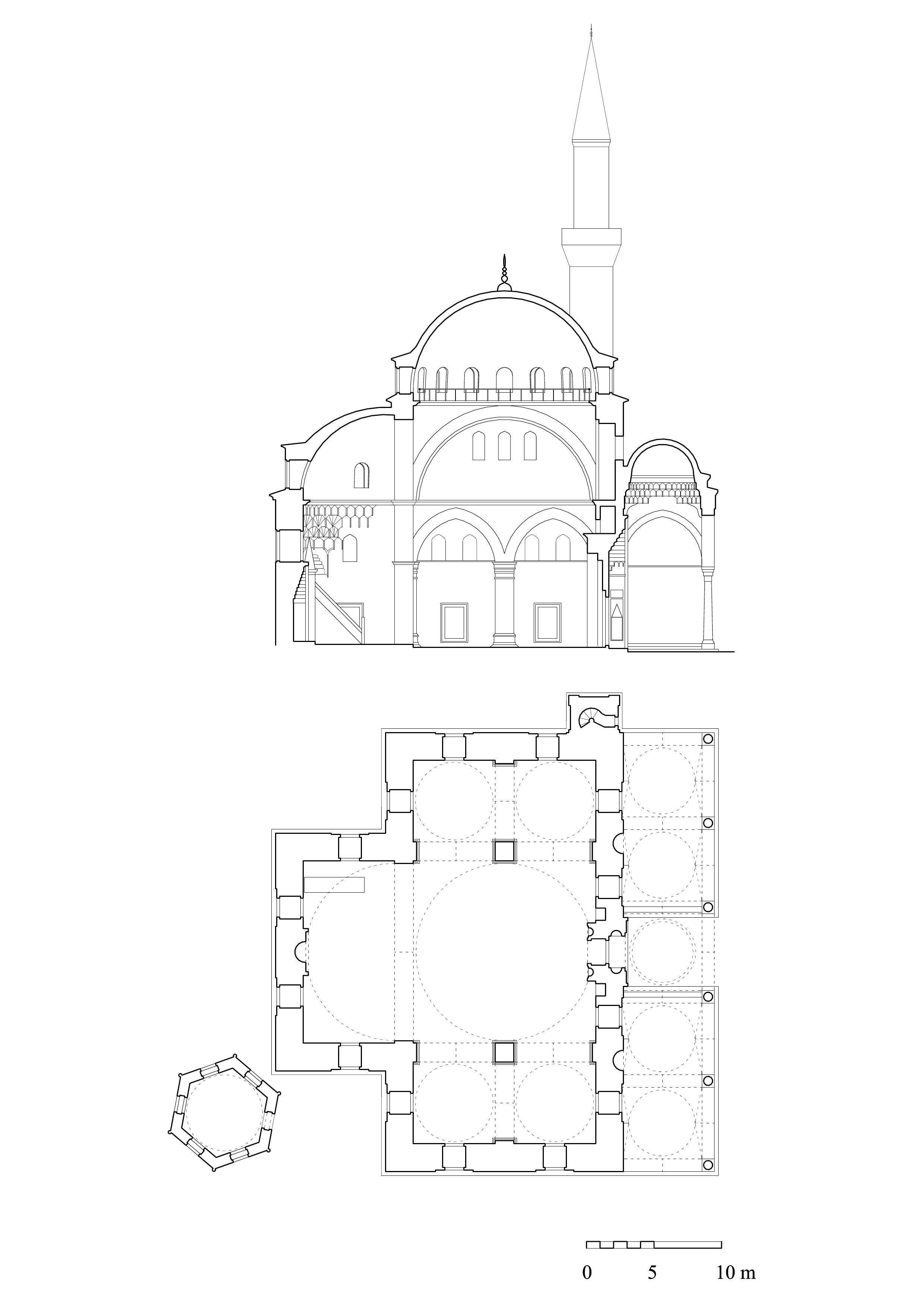 Atik Ali Paşa Camii - Floor plan of the mosque and mausoleum, and cross-section of mosque. DWG file in AutoCAD 2000 format. Click the download button to download a zipped file containing the .dwg file.