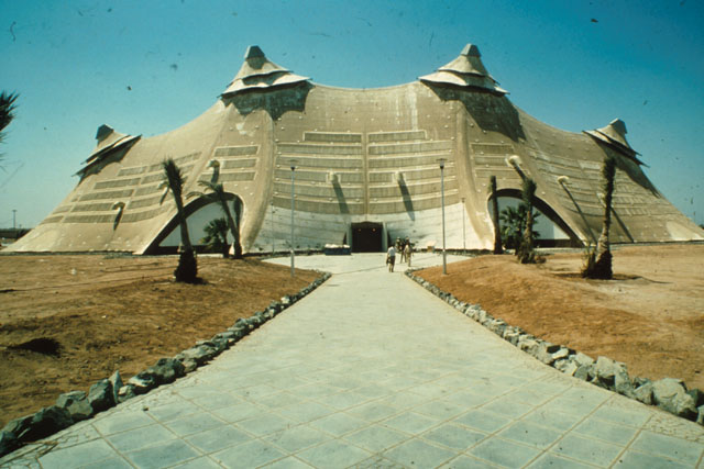Exterior detail showing tent inspired façade