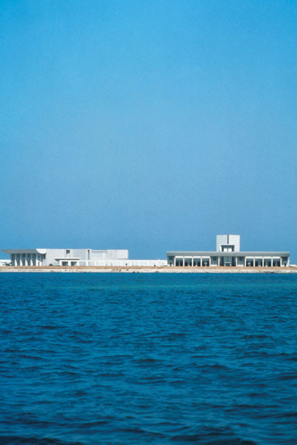 Exterior view from water showing horizontal design