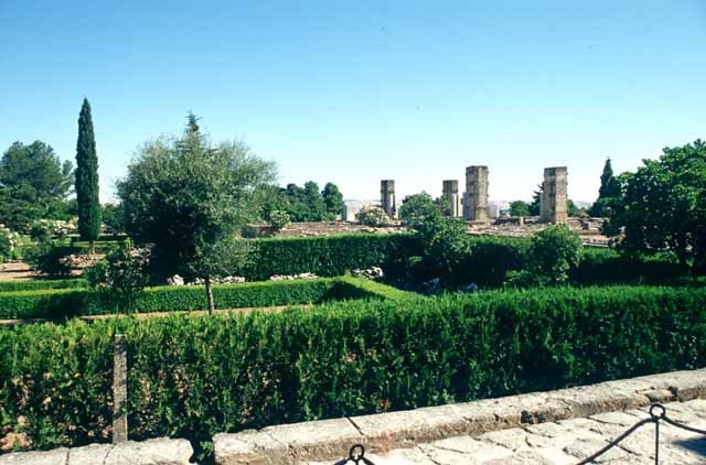 Upper garden, view from Salon Rico. Remains of pavilion at upper right