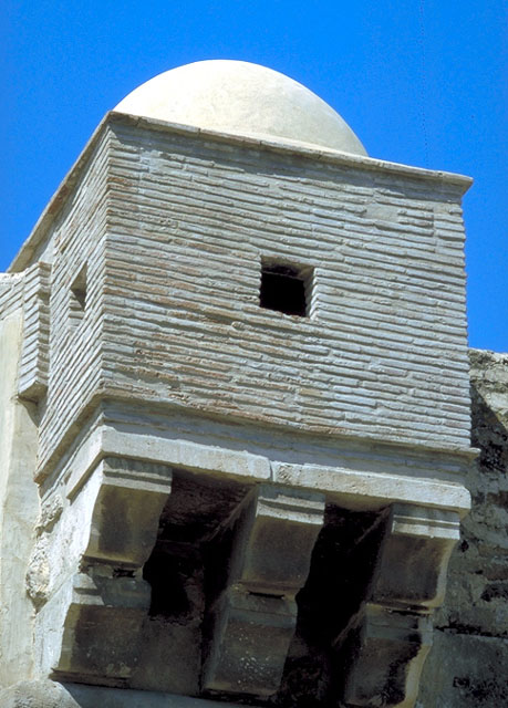 Detail, restored stone balcony and dome