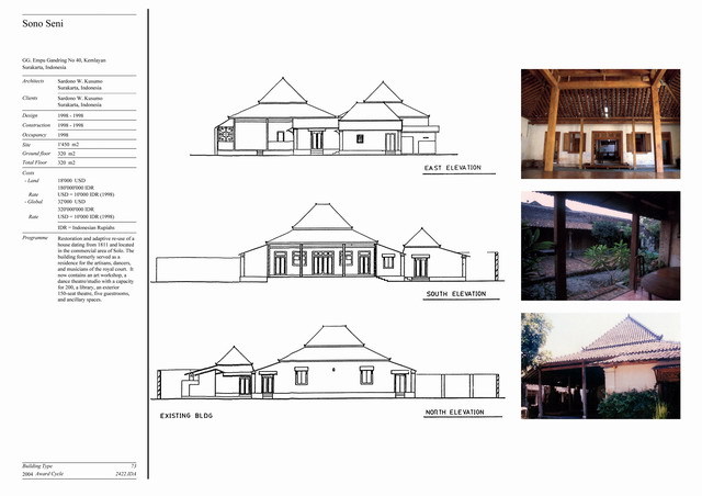Presentation panel with east, south and north elevations and photographs of existing building