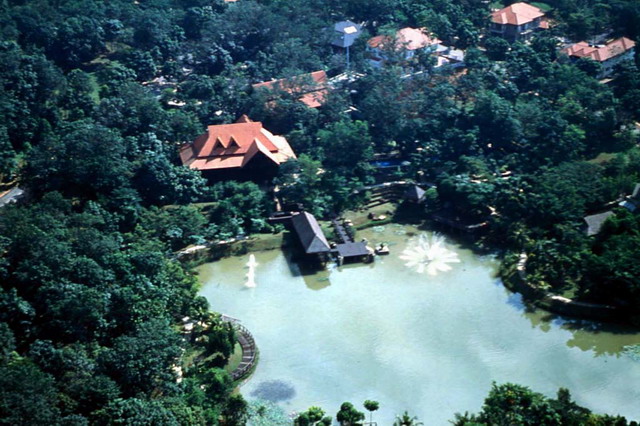 Aerial view of the dining pavilion, with fish pond