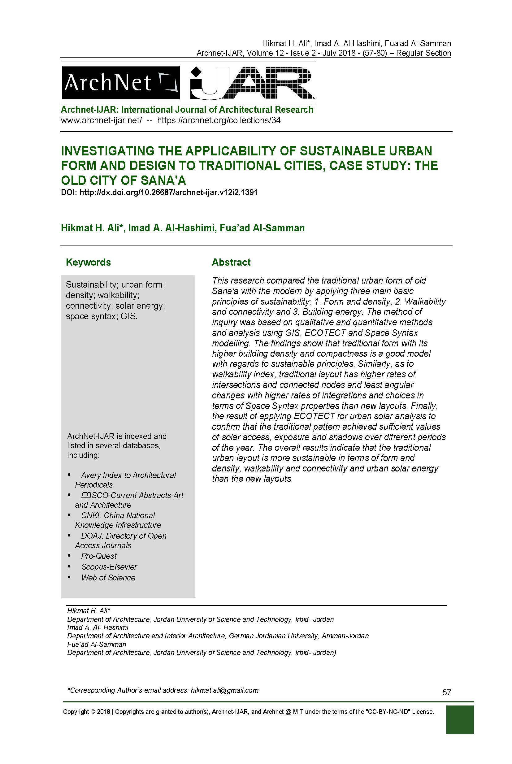 Investigating the Applicability of Sustainable Urban Form and Design to Traditional Cities, Case Study: The Old City of Sana'a