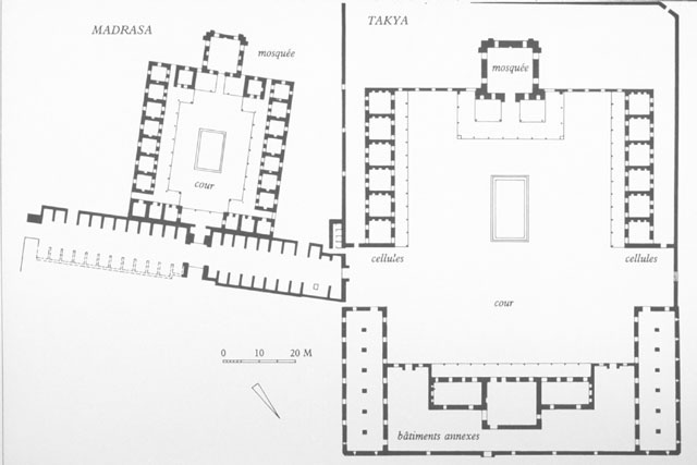 Site plan showing takiyya mosque complex of Sulayman I on the right and the madrasa of Selim II and the souq on the left
