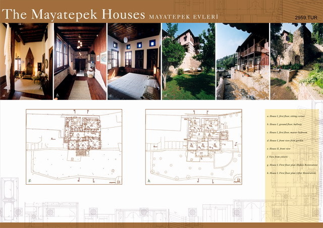 Presentation panel with floor plans and exterior and interior views of the two houses after restoration