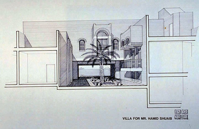 B&W drawing, section of Hamid Shuaib Residence