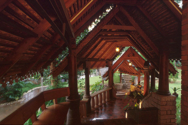 View along covered outdoor hall