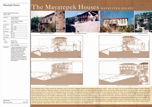 Presentation panel with project description, elevation drawings and photographs of the two houses prior to restoration