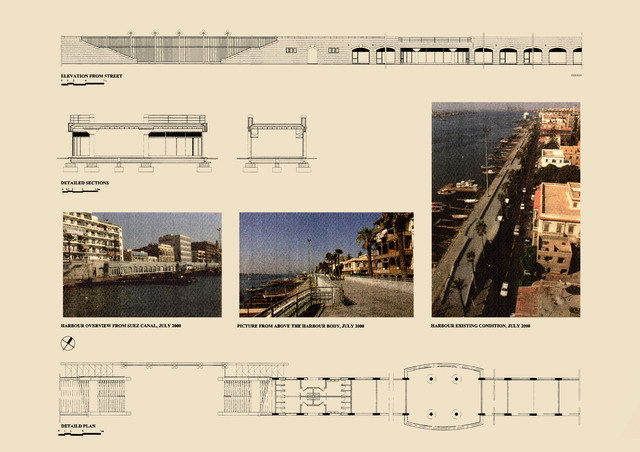 Presentation panel with floor plan, elevation and section of harbour walkway and construction views