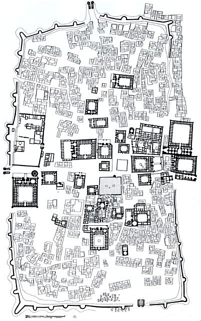 City plan, with floor plans of religious and educational structures