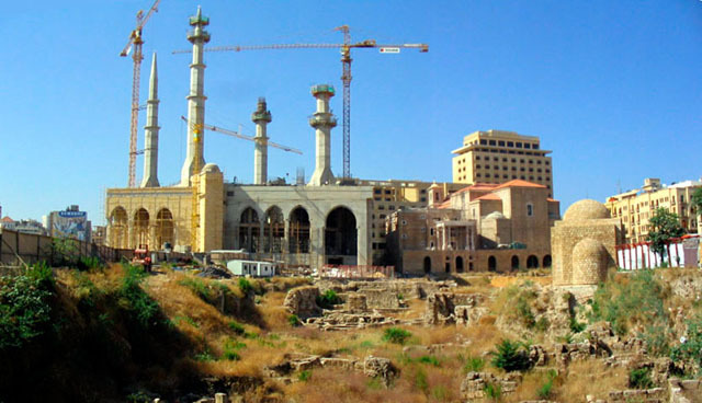 View of mosque, with the St. Georges Cathedral to its right. The archaeological garden is in the foreground