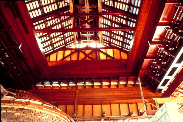 Interior, wooden roof structure