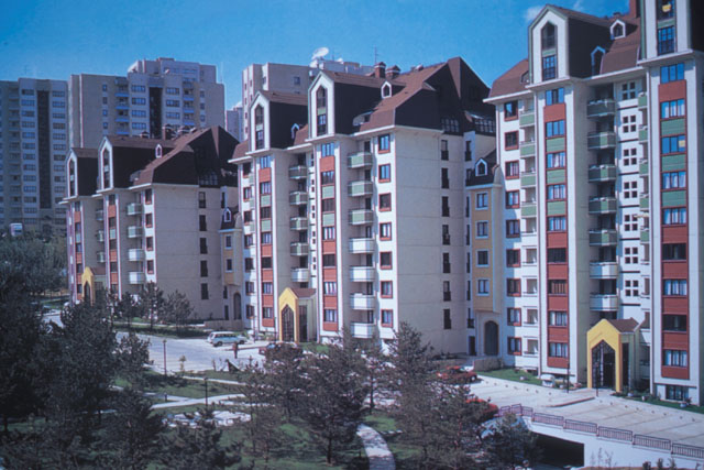 Exterior view showing high-density housing complex