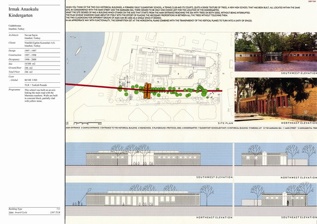 Presentation panel with site plan, elevation drawings and exterior views