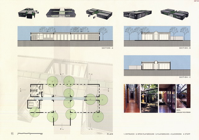 Presentation panel with perspective renderings, section drawings, floor plan, and interior views