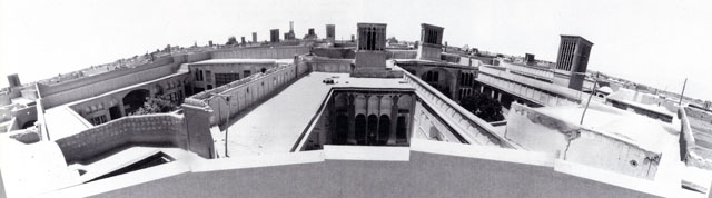 One-hundred-eighty-degree panorama of the Razvian and Talaie Houses from east to west, facing southwest