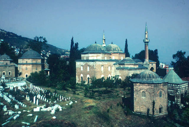 From left to right, the mausolea of Murat II, Mustafa-i Atik, the mosque and the mausolea called Hatuniye and Cariyeler; view from southeast