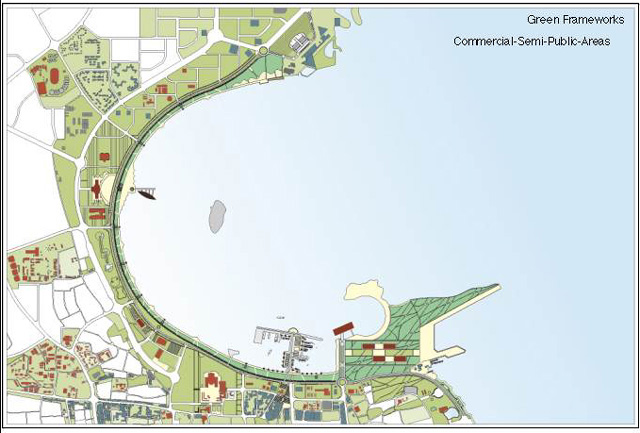 Doha Corniche Competition, Kamel Louafi Submission - Plan highlighting commercial and semi-public areas
