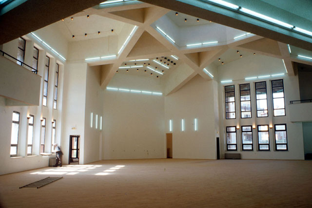 Interior view showing geometric ceiling configuration