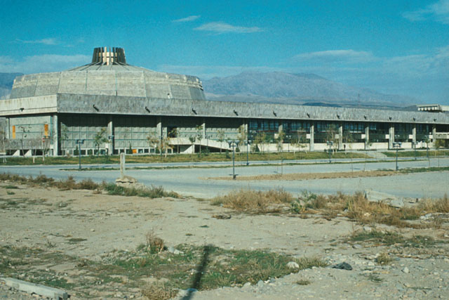 Exterior view showing domed form set on concrete slab