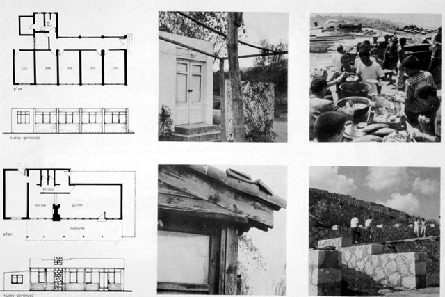 Plans and sections with images conceptualizing the site and showing woodwork of roof