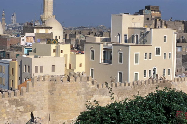 Elevated exterior view from southeast (al-Azhar Park), after restoration. The restored city wall appears in the foreground