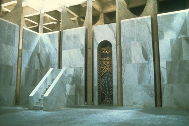 Interior detail showing marble minbar and inlaid mihrab