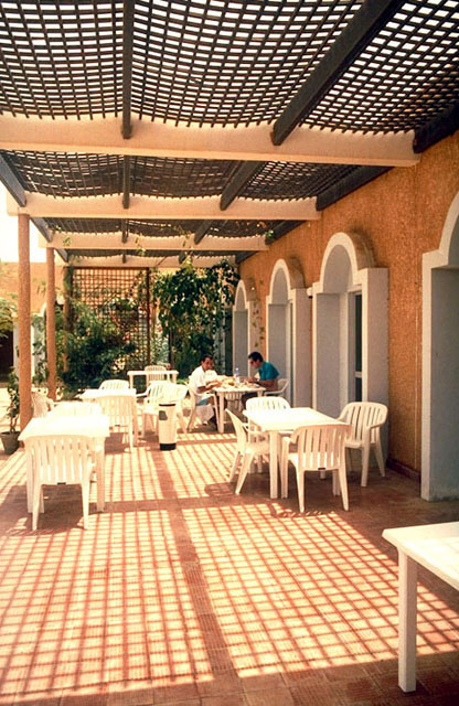 Covered patio and restaurant
