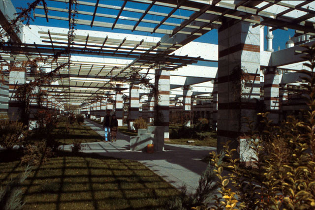 Exterior view of partially covered walkway