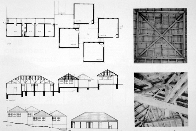 Plan and elevations and photos showing wooden roof construction