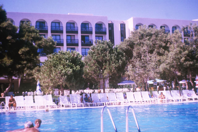 View from pool to façade