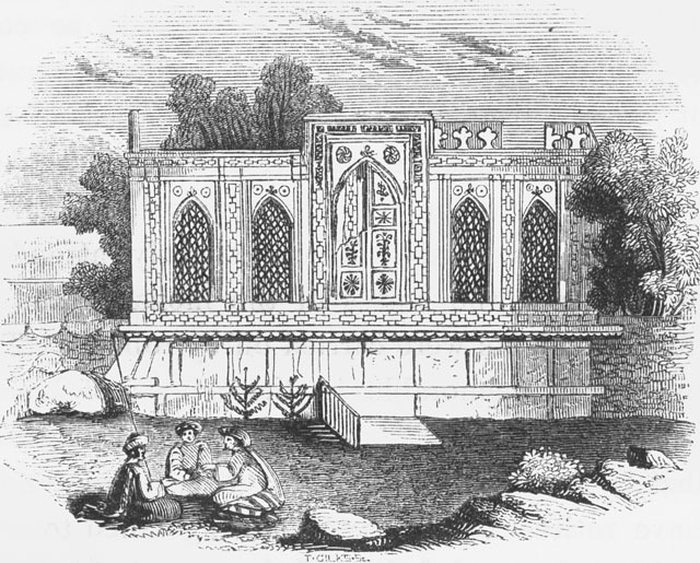 Drawing showing Mughal marble screen of Babur's tomb in 1832
