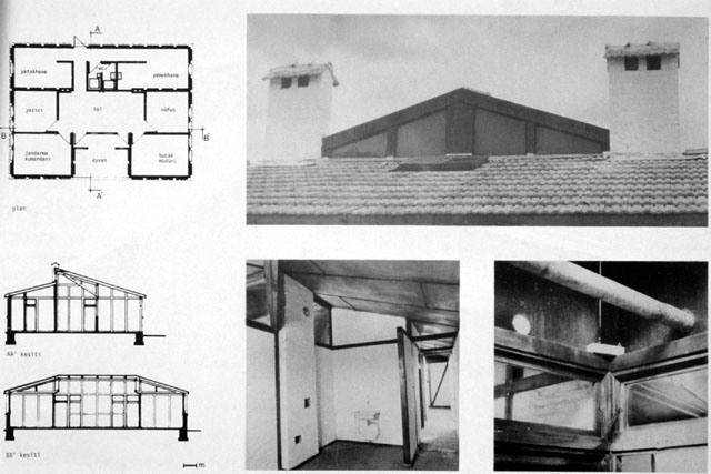 Plan and section and photos showing clay roof, interior sloped ceiling and beam construction