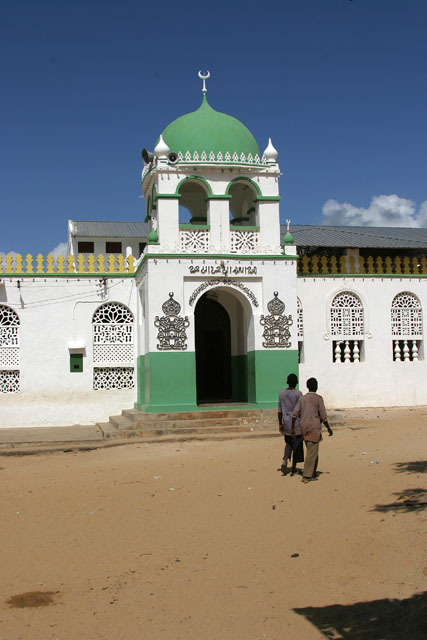 Street view of mosque entrance facing east