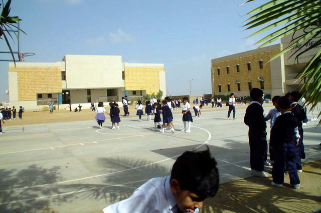 Playground, school stage of the junior school building and senior school entrance