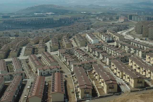 Aerial view showing rows of modular housing