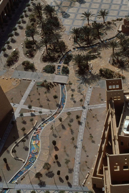 Aerial view, showing plantings and walkways