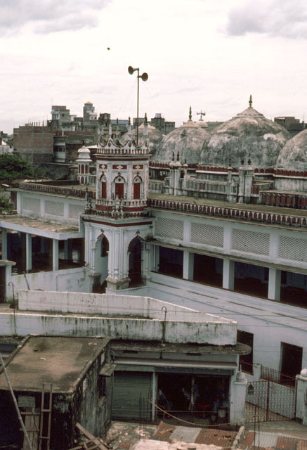 East façade. Madrasa on lower level and prayer area on the upper level